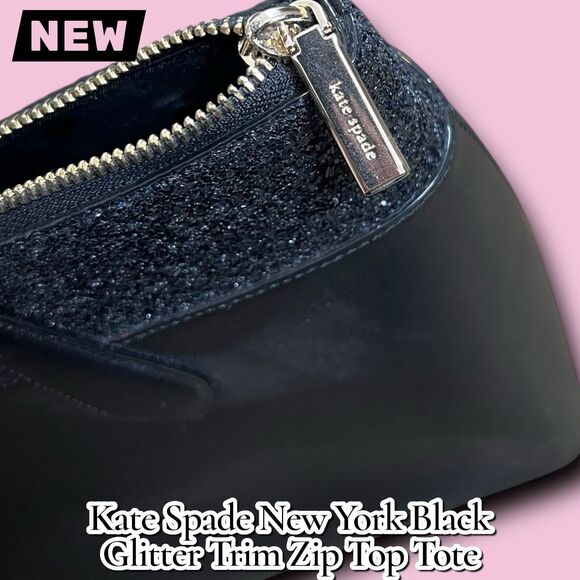 New NWT Kate Spade New York Black Glitter Trim Zip Top Tote Bag Purse - Picture 2 of 10